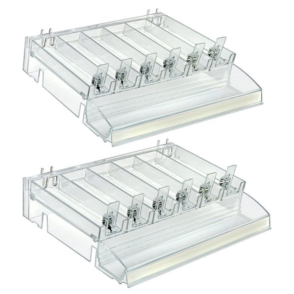 Azar Displays Clear 6 Compartment Divider Bin Cosmetic Tray with Tester Tray on Front and with Pushers, 2-Pack 225840-TESTER-6COMP-2PK